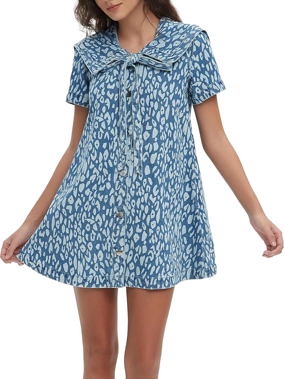 D-Sun Women's Leopard Print Denim Mini Dress Navy Collar Short Sleeves Swing Jean Babydoll Dress