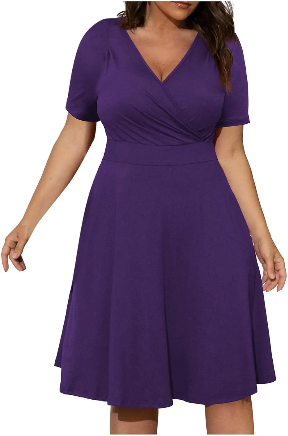 DDAPJ pyju Women's Plus Size Summer Dresses Wrap V Neck Short Sleeve Midi Dress Solid Color Loose Flowy Dress with Pockets