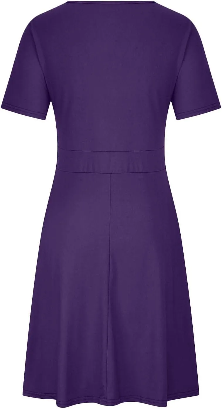 DDAPJ pyju Women's Plus Size Summer Dresses Wrap V Neck Short Sleeve Midi Dress Solid Color Loose Flowy Dress with Pockets