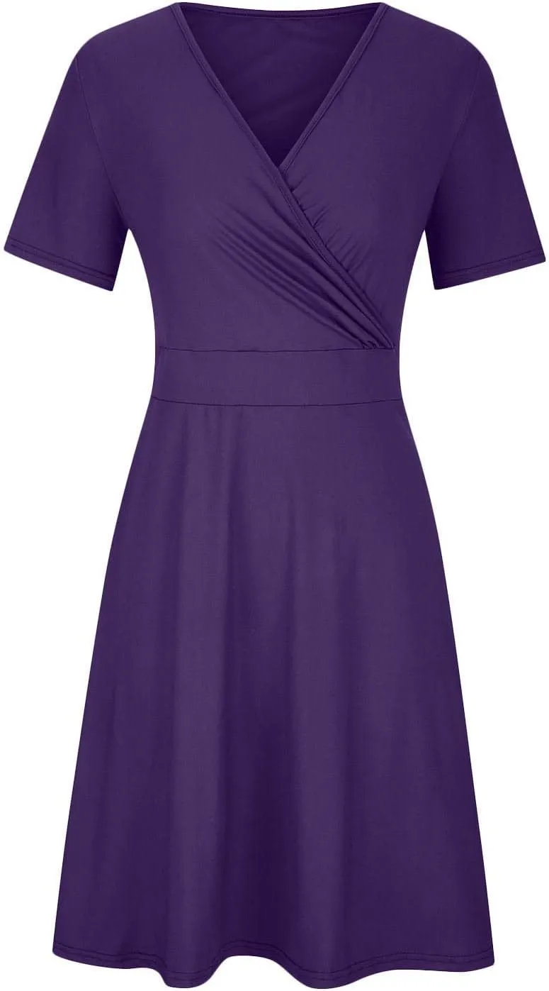 DDAPJ pyju Women's Plus Size Summer Dresses Wrap V Neck Short Sleeve Midi Dress Solid Color Loose Flowy Dress with Pockets