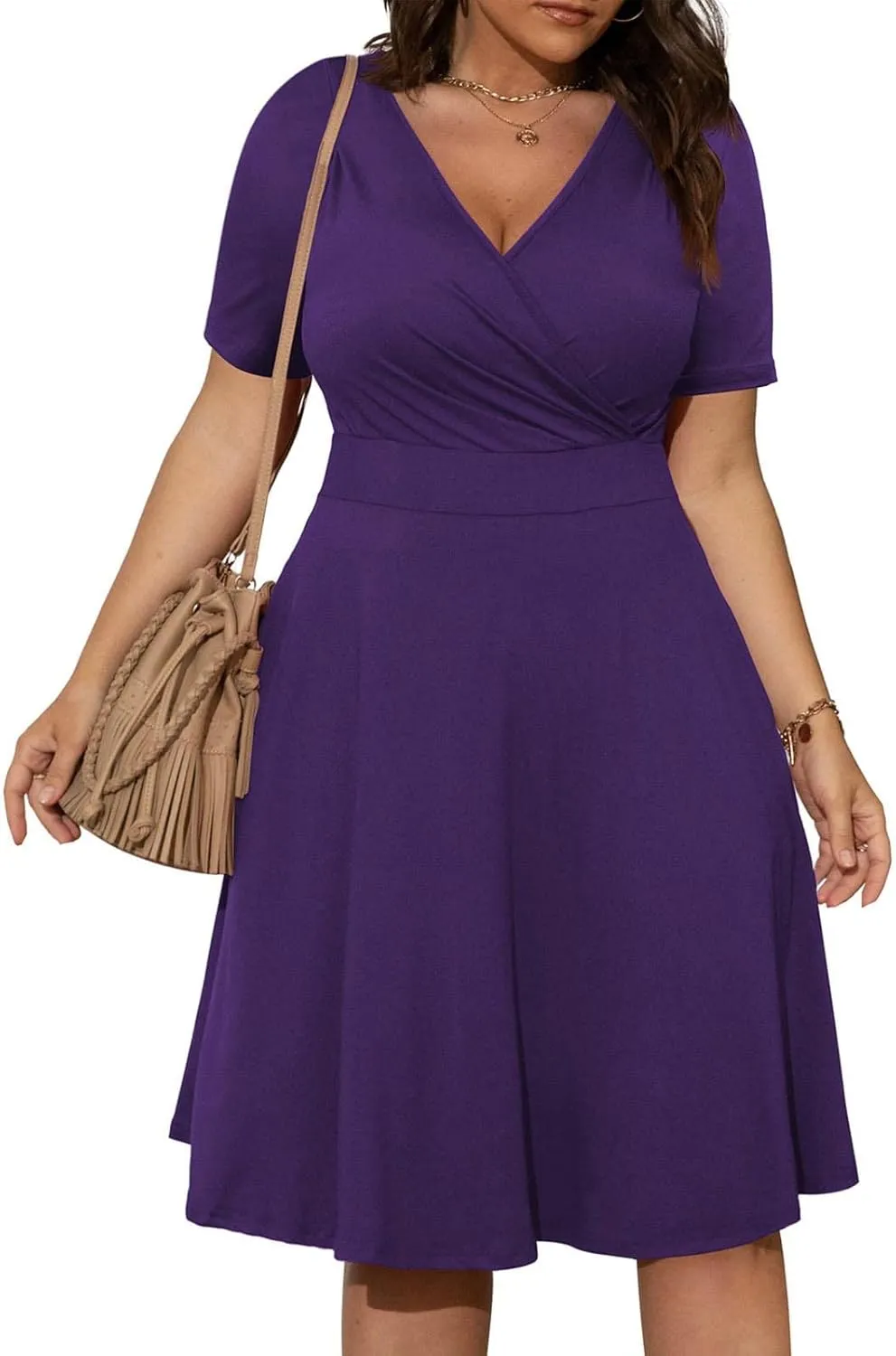 DDAPJ pyju Women's Plus Size Summer Dresses Wrap V Neck Short Sleeve Midi Dress Solid Color Loose Flowy Dress with Pockets