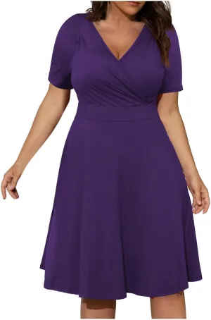 DDAPJ pyju Women's Plus Size Summer Dresses Wrap V Neck Short Sleeve Midi Dress Solid Color Loose Flowy Dress with Pockets