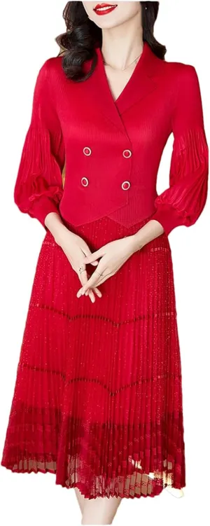 Dndrdhfb Women's 3/4 Sleeve Loose Long Skirt Casual V-Neck High Stretch A-Line Midi Skirt
