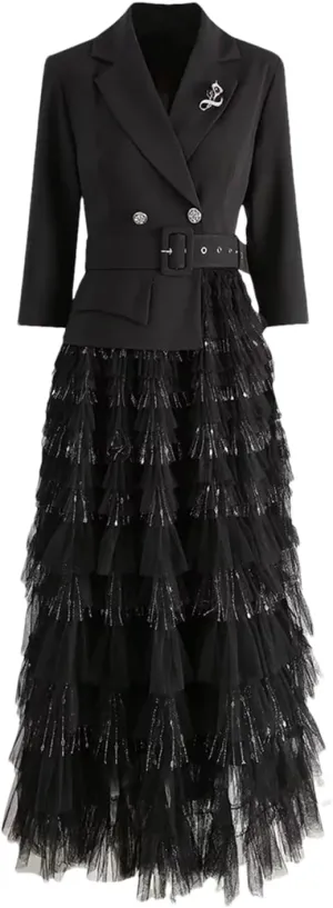 Dndrdhfb Women's Patchwork Mesh Maxi Skirt Notched 3/4 Sleeves Ruffle Waistband Office Dress