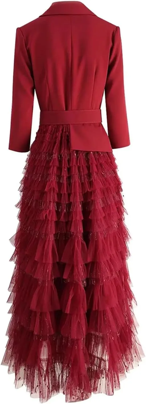 Dndrdhfb Women's Patchwork Mesh Maxi Skirt Notched 3/4 Sleeves Ruffle Waistband Office Dress
