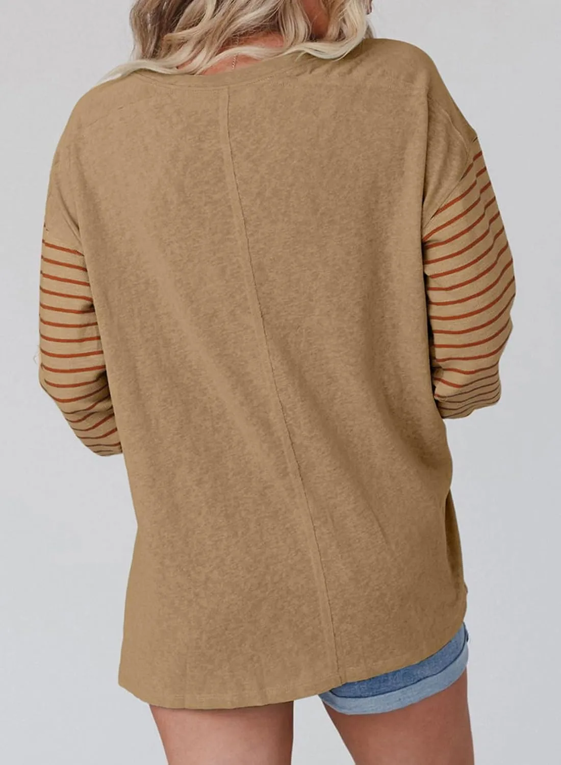 Dokotoo Long Sleeve Spring Tops Oversized 2025 Trendy Round Crew Neck Casual Color Block Womens Shirts Blouses