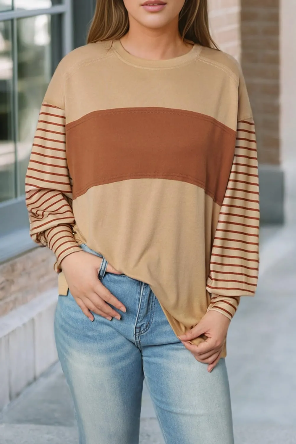 Dokotoo Long Sleeve Spring Tops Oversized 2025 Trendy Round Crew Neck Casual Color Block Womens Shirts Blouses