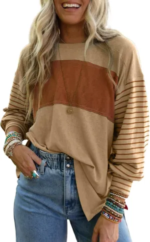 Dokotoo Long Sleeve Spring Tops Oversized 2025 Trendy Round Crew Neck Casual Color Block Womens Shirts Blouses