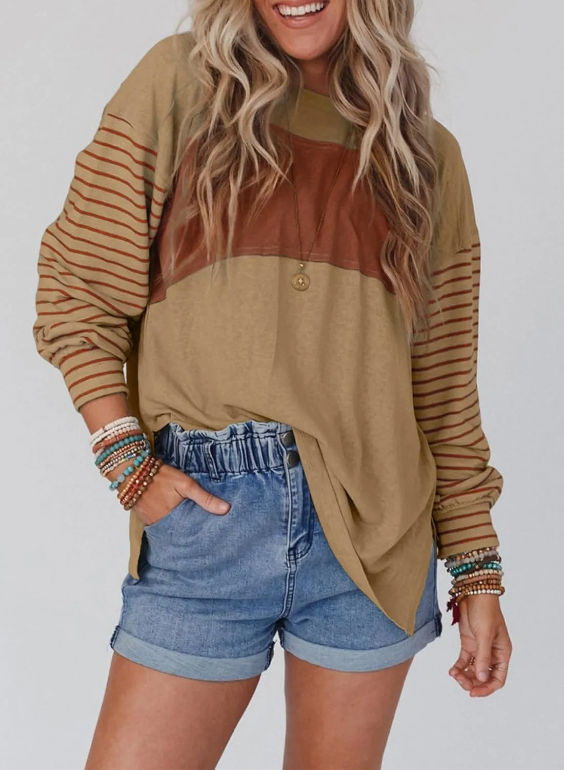 Dokotoo Long Sleeve Spring Tops Oversized 2025 Trendy Round Crew Neck Casual Color Block Womens Shirts Blouses