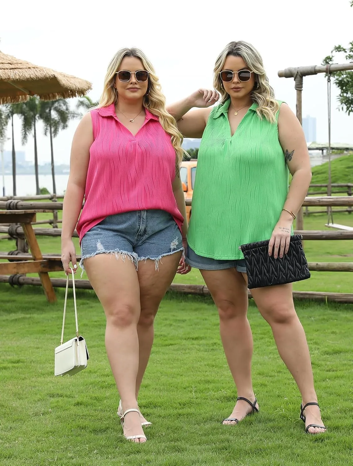 DOLNINE Womens-Plus-Size-Summer-Tank-Tops Dressy V Neck Collared Polo Shirts Casual Sleeveless Tunics Trendy Textured Blouses