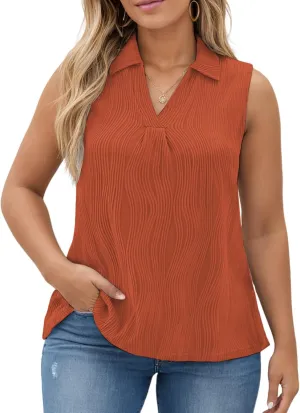 DOLNINE Womens-Plus-Size-Summer-Tank-Tops Dressy V Neck Collared Polo Shirts Casual Sleeveless Tunics Trendy Textured Blouses
