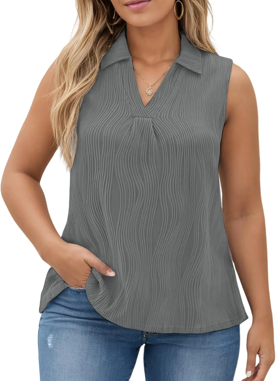 DOLNINE Womens-Plus-Size-Summer-Tank-Tops Dressy V Neck Collared Polo Shirts Casual Sleeveless Tunics Trendy Textured Blouses