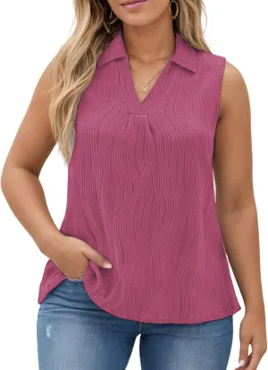 DOLNINE Womens-Plus-Size-Summer-Tank-Tops Dressy V Neck Collared Polo Shirts Casual Sleeveless Tunics Trendy Textured Blouses