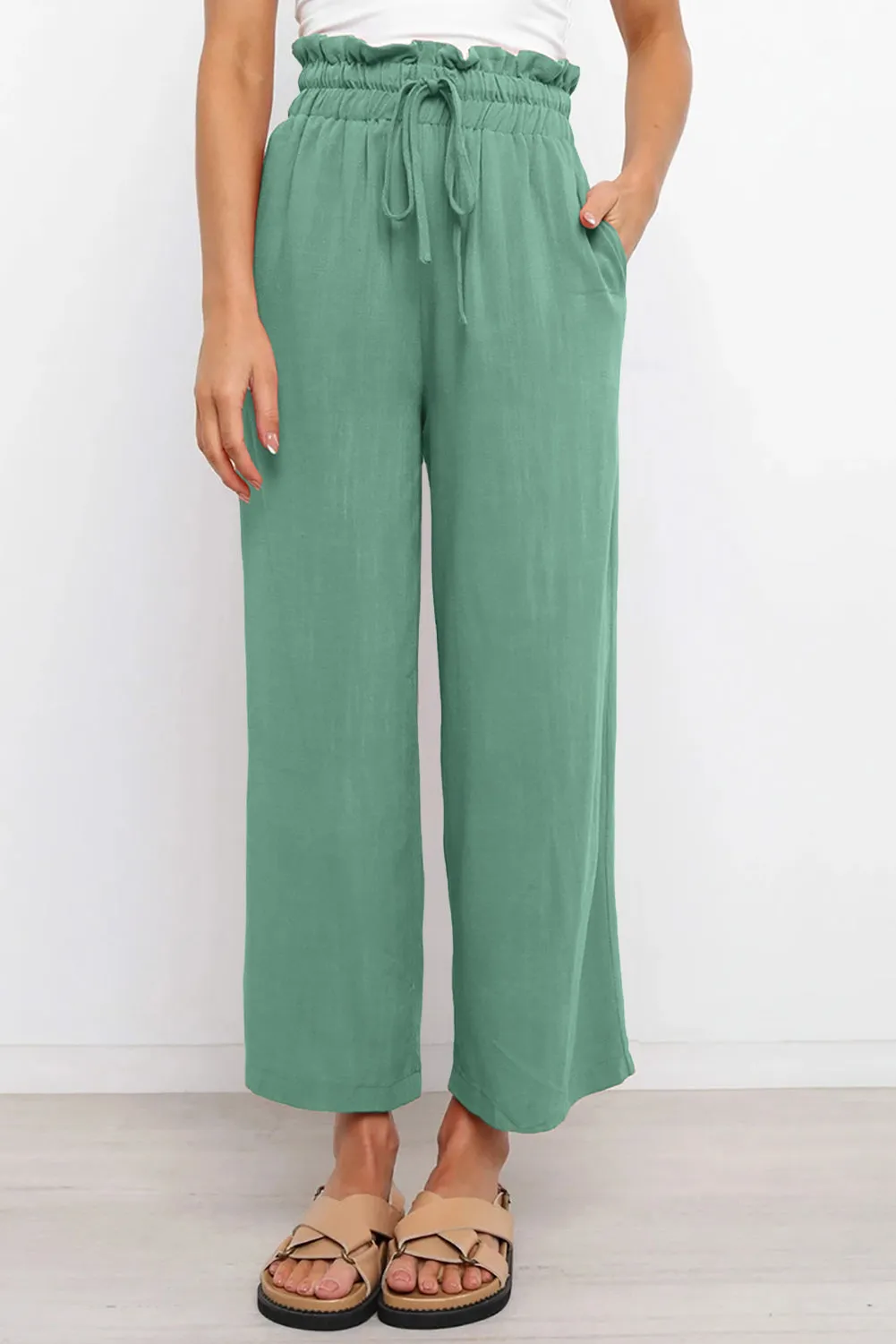 Drawstring Paperbag Waist Wide Leg Pants - 6 Colors
