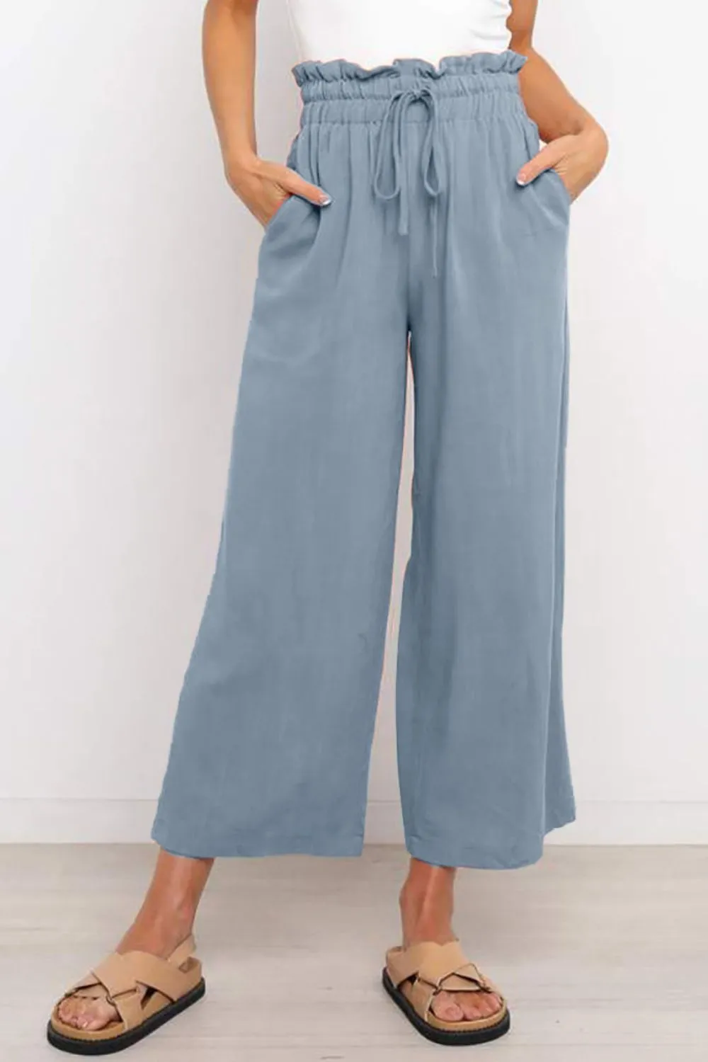 Drawstring Paperbag Waist Wide Leg Pants - 6 Colors
