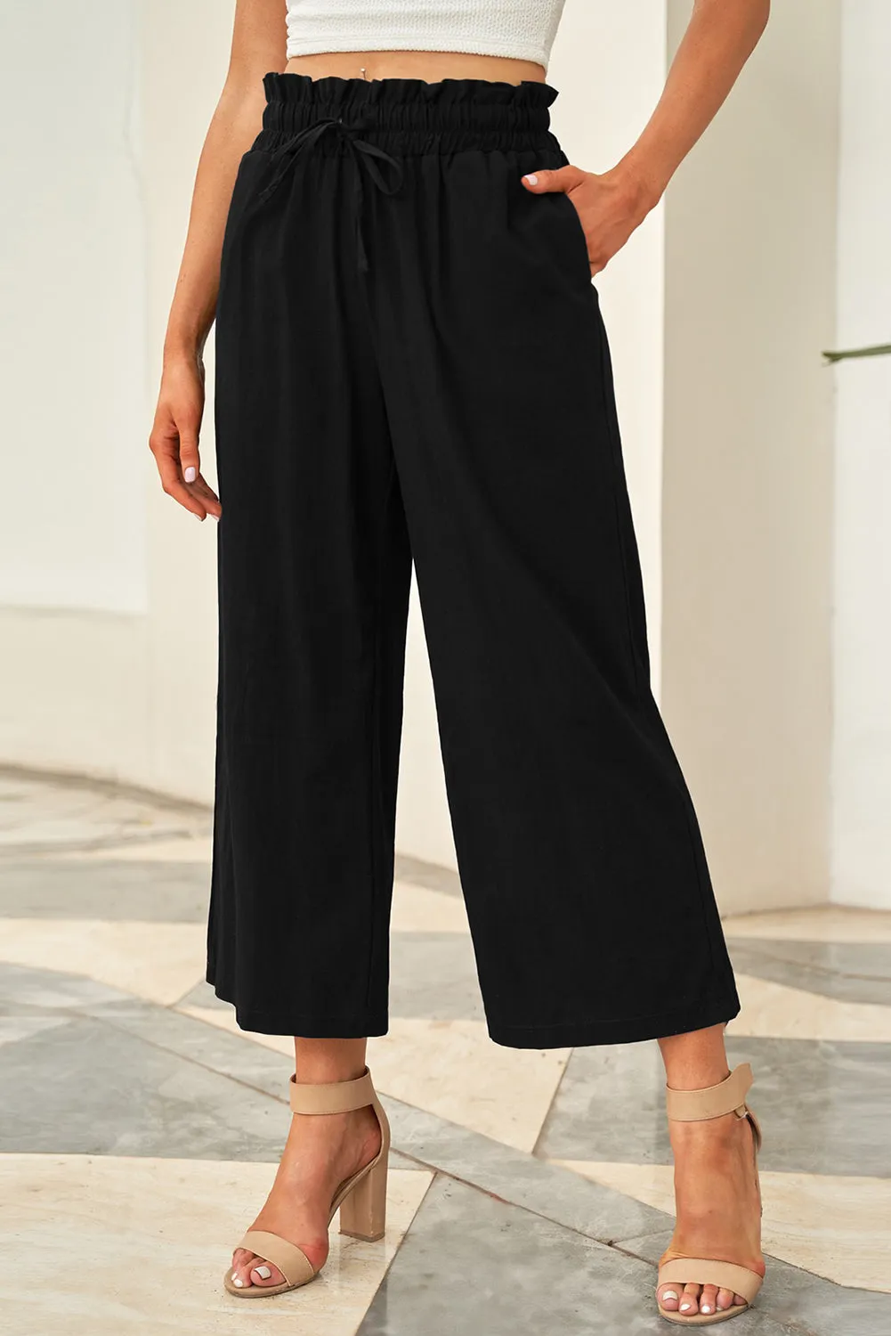 Drawstring Paperbag Waist Wide Leg Pants - 6 Colors