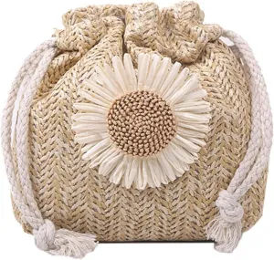 Drawstring Straw Crossbody Handbag - Shoulder Bucket Bag for Shopping, Travel, And Beach Vacations