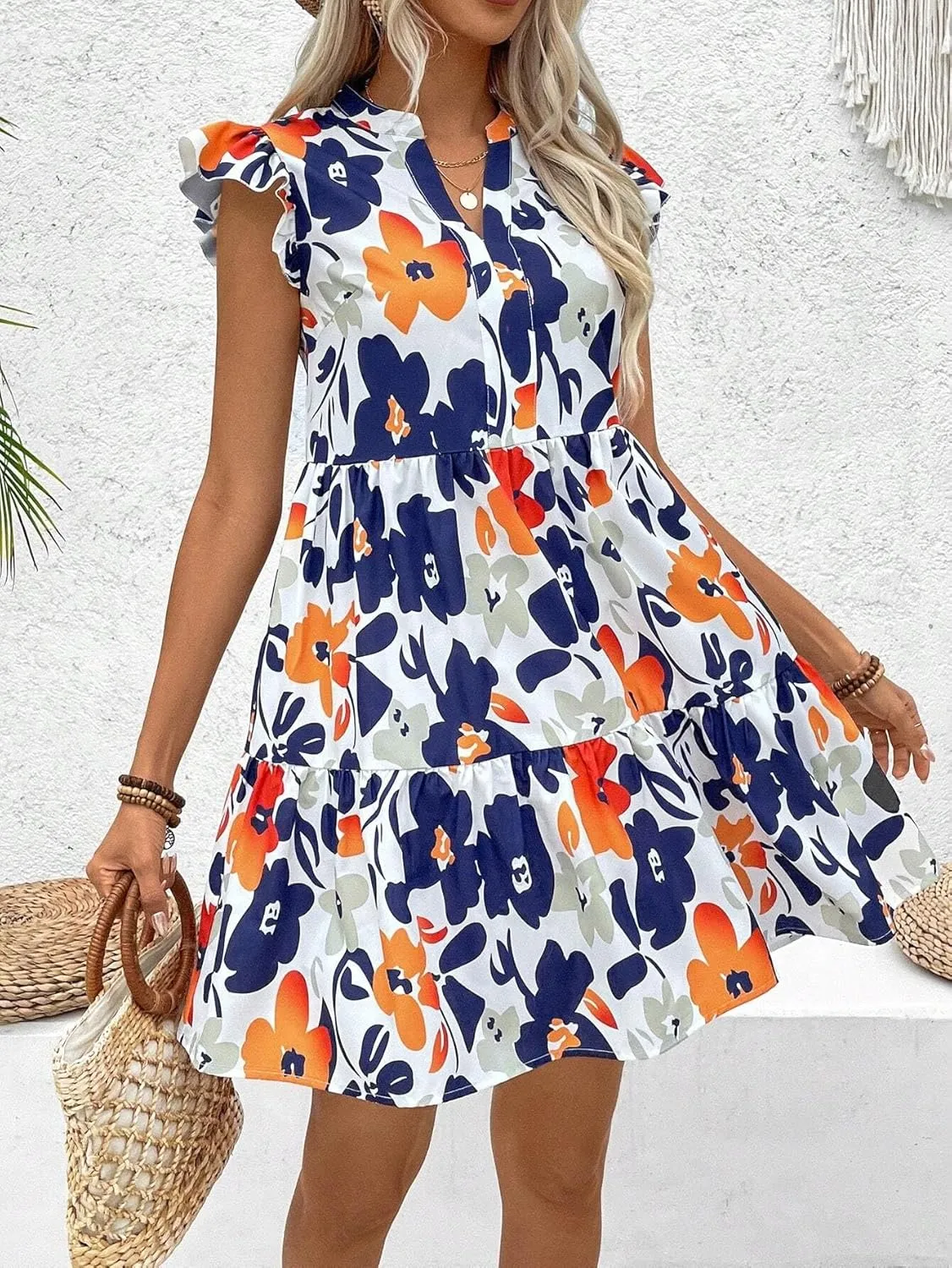 Dresses for Women Sleeveless 2024 Floral Print Notched-Neck Mini Flutter Sleeve Dress Trendy Dress
