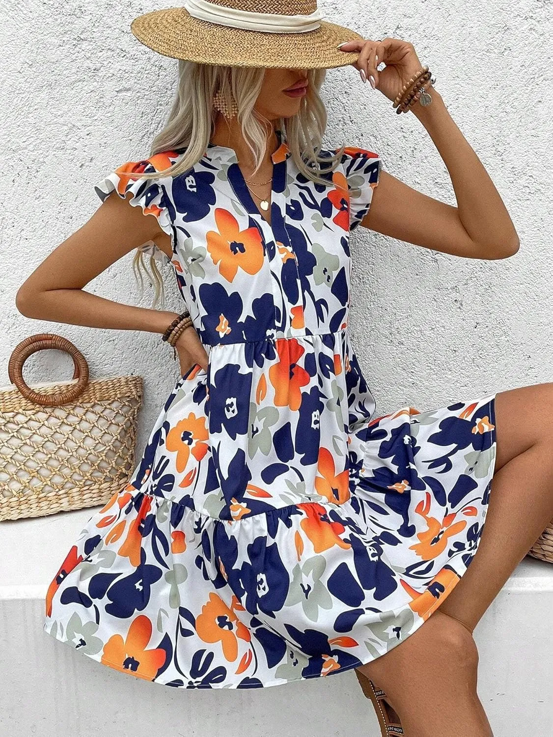 Dresses for Women Sleeveless 2024 Floral Print Notched-Neck Mini Flutter Sleeve Dress Trendy Dress