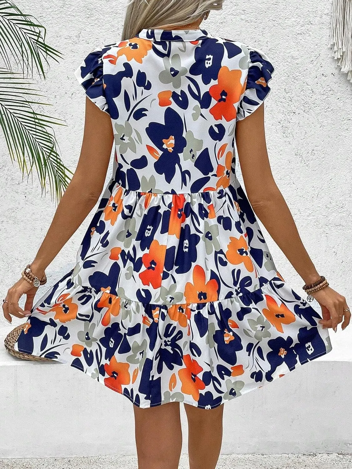 Dresses for Women Sleeveless 2024 Floral Print Notched-Neck Mini Flutter Sleeve Dress Trendy Dress