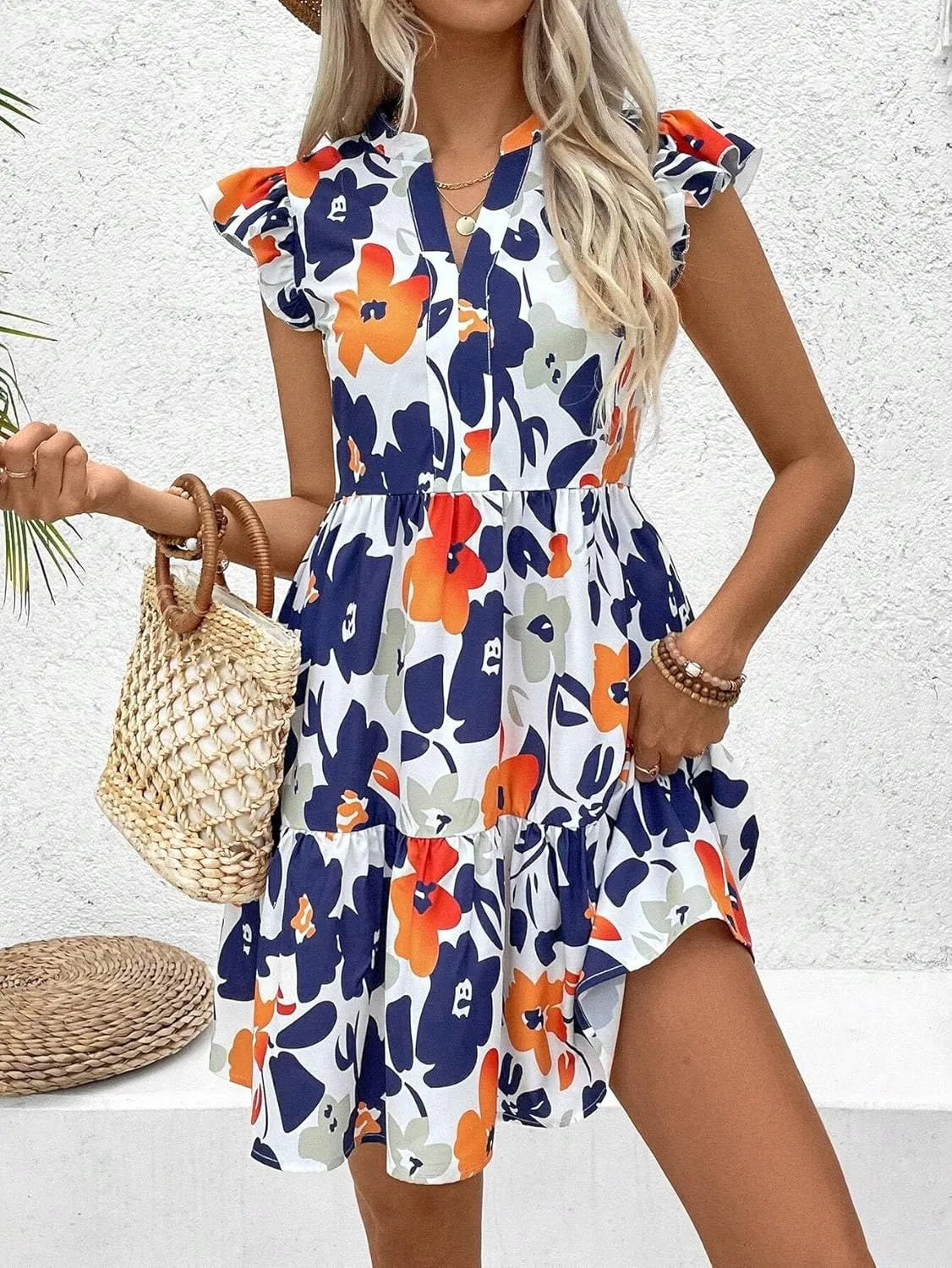 Dresses for Women Sleeveless 2024 Floral Print Notched-Neck Mini Flutter Sleeve Dress Trendy Dress