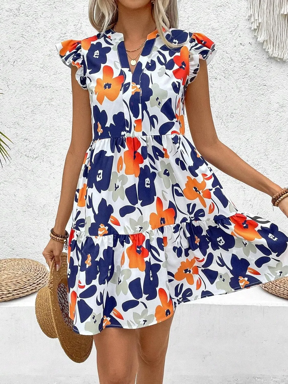 Dresses for Women Sleeveless 2024 Floral Print Notched-Neck Mini Flutter Sleeve Dress Trendy Dress