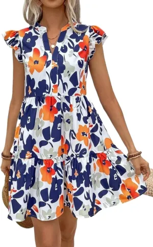 Dresses for Women Sleeveless 2024 Floral Print Notched-Neck Mini Flutter Sleeve Dress Trendy Dress