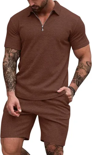 EISHOPEER Men's Polo Shirt and Shorts Set Fashion Zipper 2 Pieces Outfits