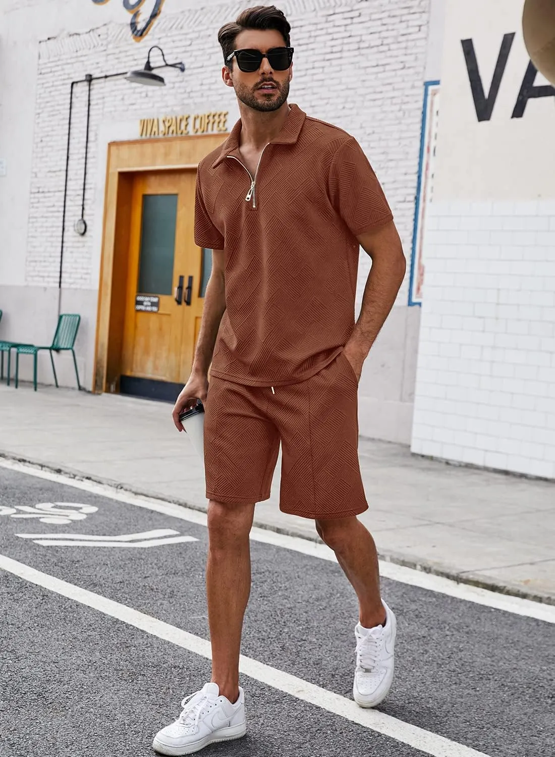 EISHOPEER Men's Polo Shirt and Shorts Set Fashion Zipper 2 Pieces Outfits
