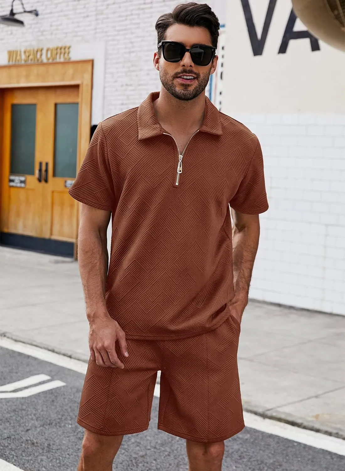 EISHOPEER Men's Polo Shirt and Shorts Set Fashion Zipper 2 Pieces Outfits