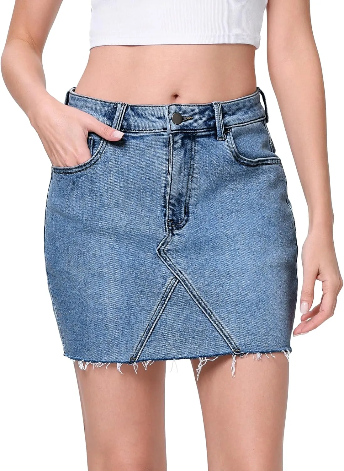 EMMIOL Womens Jean Skirt Stretch Casual 2025 Summer Short Basic Fringed Slim Fit Denim Bodycon Pencil Skirts