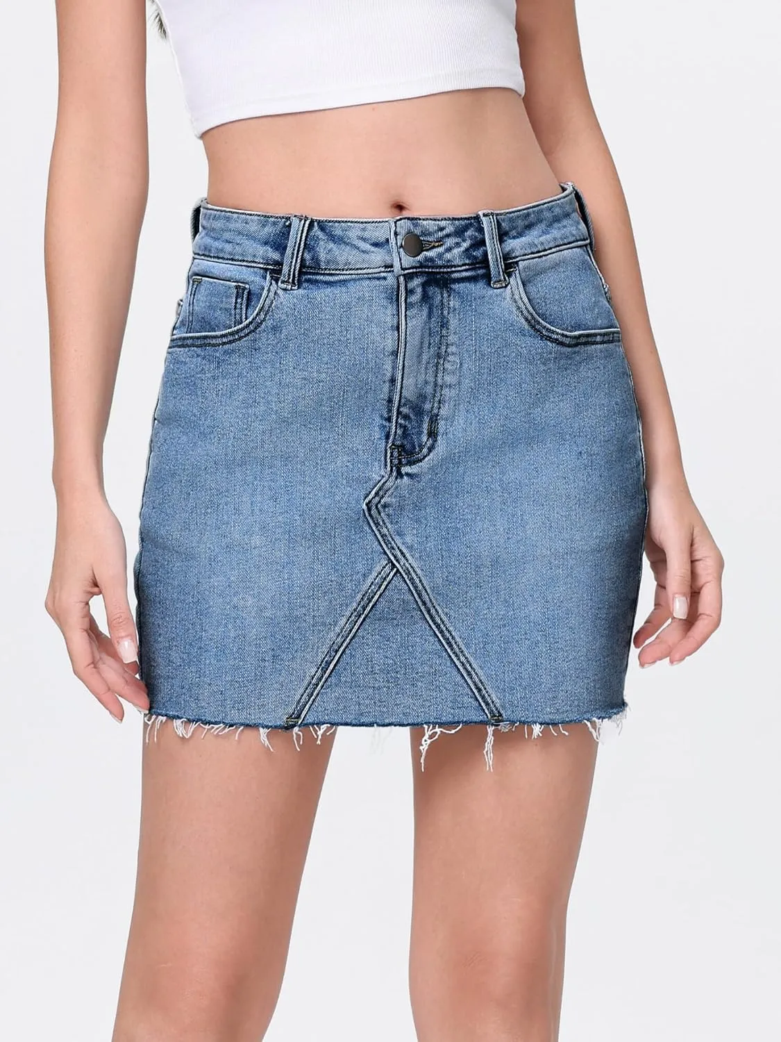 EMMIOL Womens Jean Skirt Stretch Casual 2025 Summer Short Basic Fringed Slim Fit Denim Bodycon Pencil Skirts