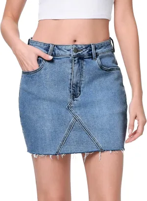 EMMIOL Womens Jean Skirt Stretch Casual 2025 Summer Short Basic Fringed Slim Fit Denim Bodycon Pencil Skirts