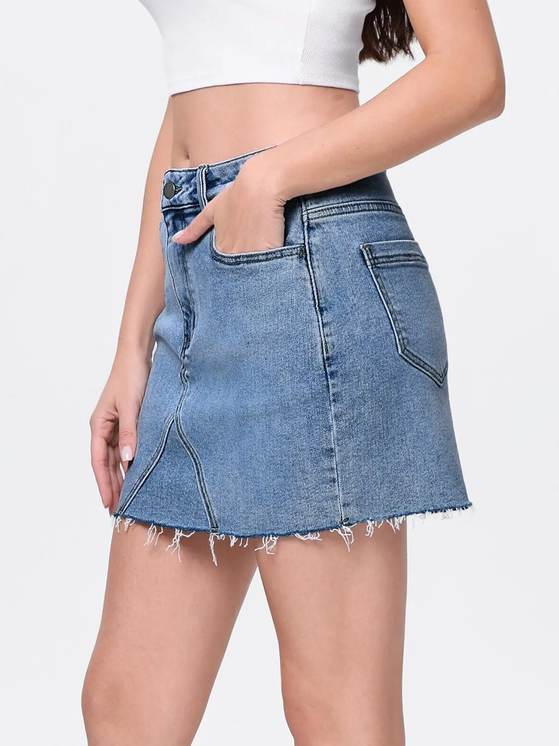 EMMIOL Womens Jean Skirt Stretch Casual 2025 Summer Short Basic Fringed Slim Fit Denim Bodycon Pencil Skirts