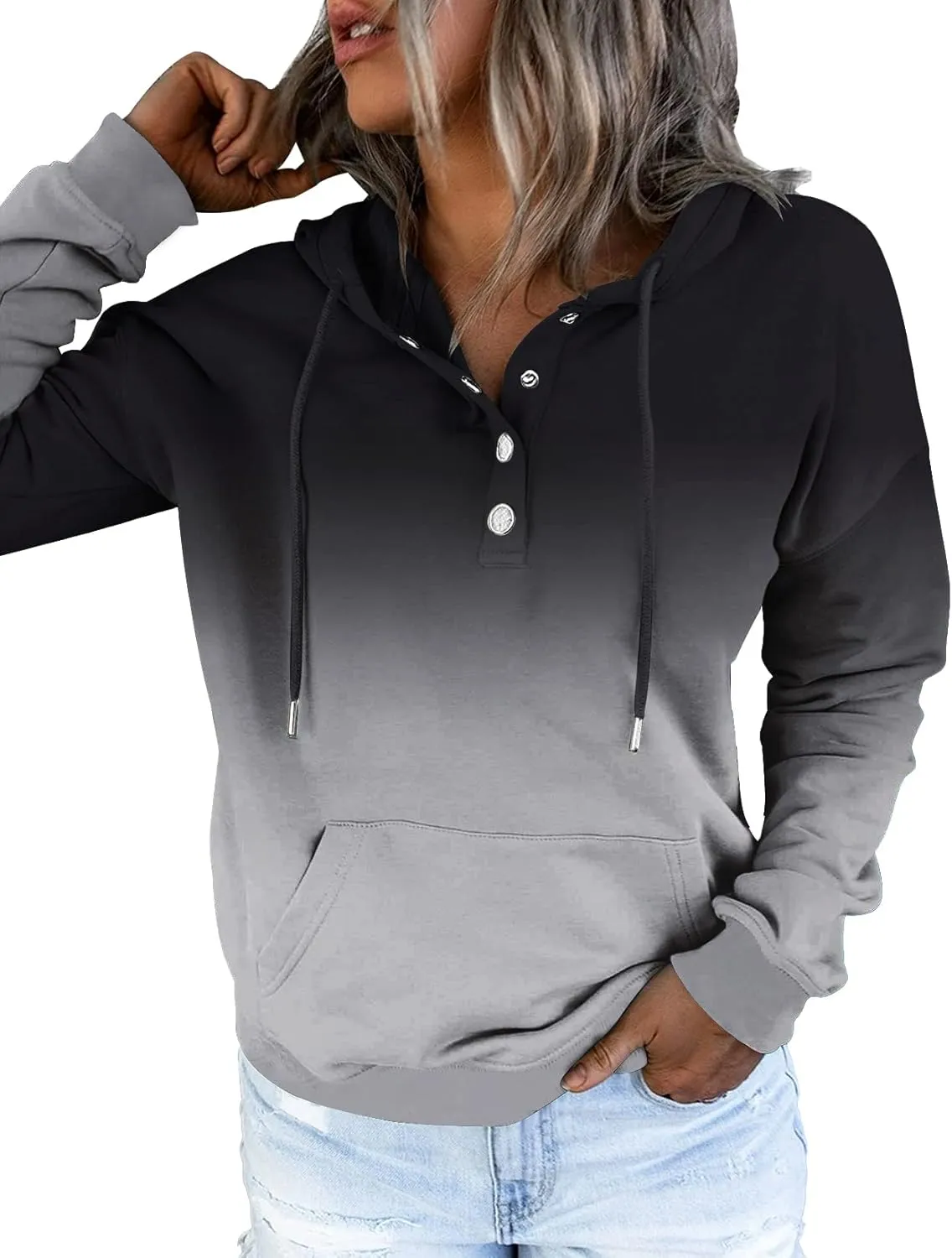 ETCYY Women's Tie Dye Hoodies Tops Long Sleeve Casual Colorblock Button Down Pullover Sweatshirt with Pocket