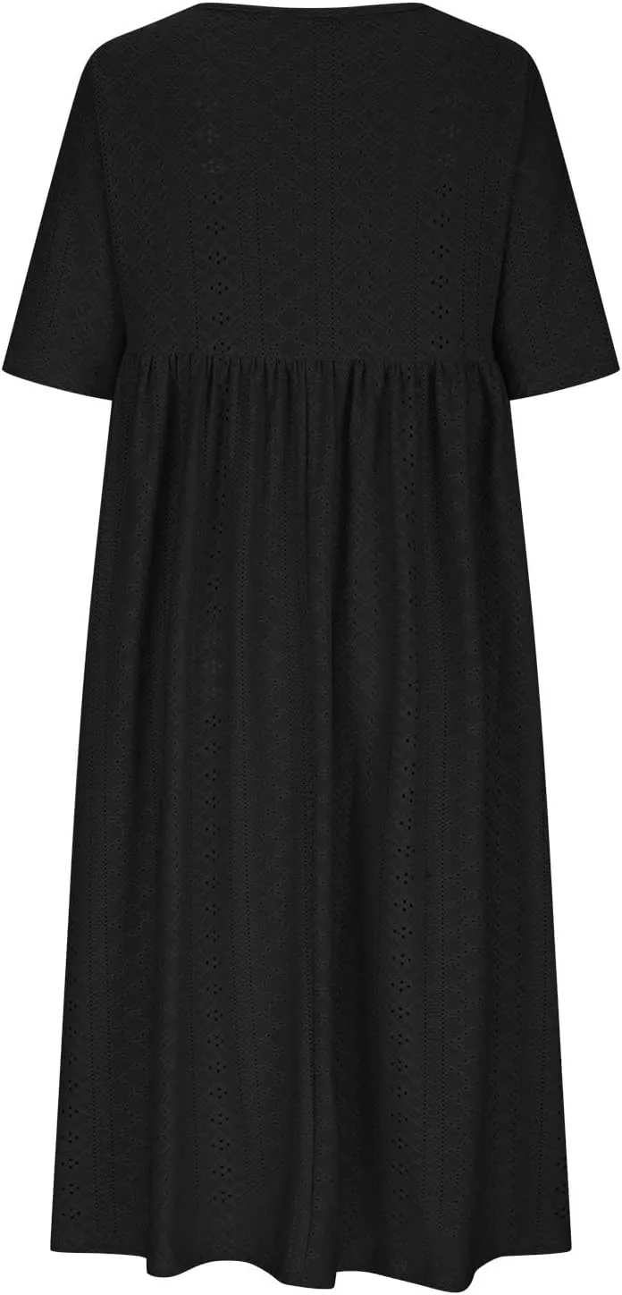 Eyelet Dresses Women 2025 Fashion Round Neck Short Sleeve Solid Color Midi Dress Vacation Summer Dress with Pockets