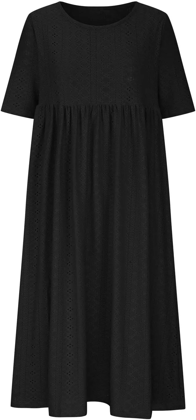 Eyelet Dresses Women 2025 Fashion Round Neck Short Sleeve Solid Color Midi Dress Vacation Summer Dress with Pockets