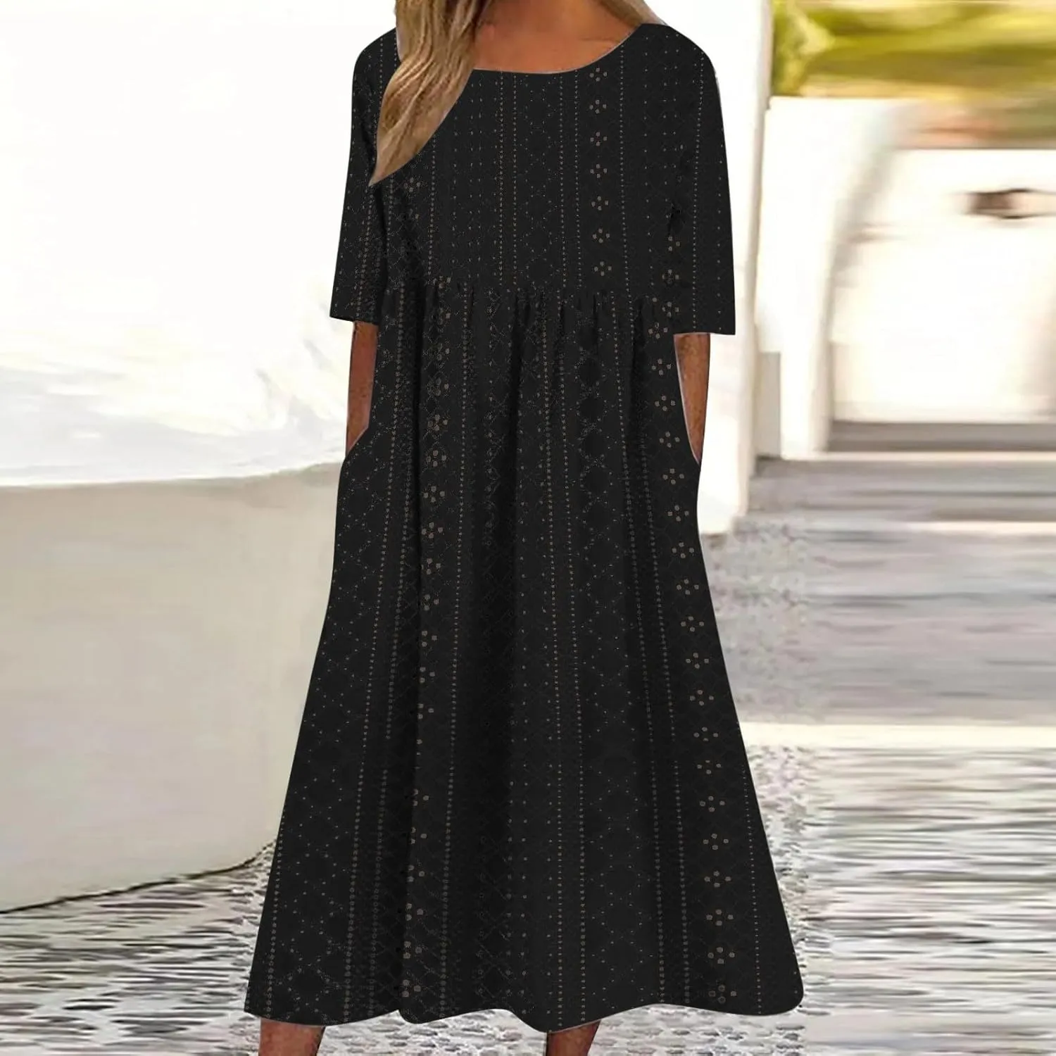 Eyelet Dresses Women 2025 Fashion Round Neck Short Sleeve Solid Color Midi Dress Vacation Summer Dress with Pockets