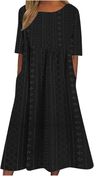 Eyelet Dresses Women 2025 Fashion Round Neck Short Sleeve Solid Color Midi Dress Vacation Summer Dress with Pockets