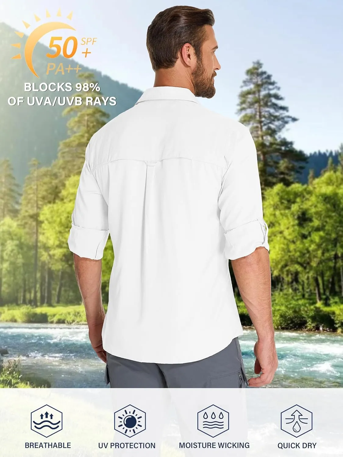 Fishing Shirts for Men, Sun Protection Long Sleeve Hiking Outdoor UV Shirt Quick Dry UPF 50  for Travel Safari Camping