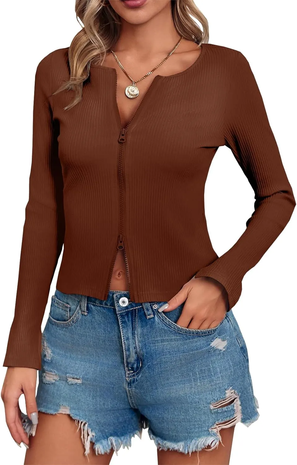 Fisoew Womens Long Sleeve Tops Ribbed Crop Top Double Zip Up Cardigans V Neck Sweater Shirts Fall and Winter 2024