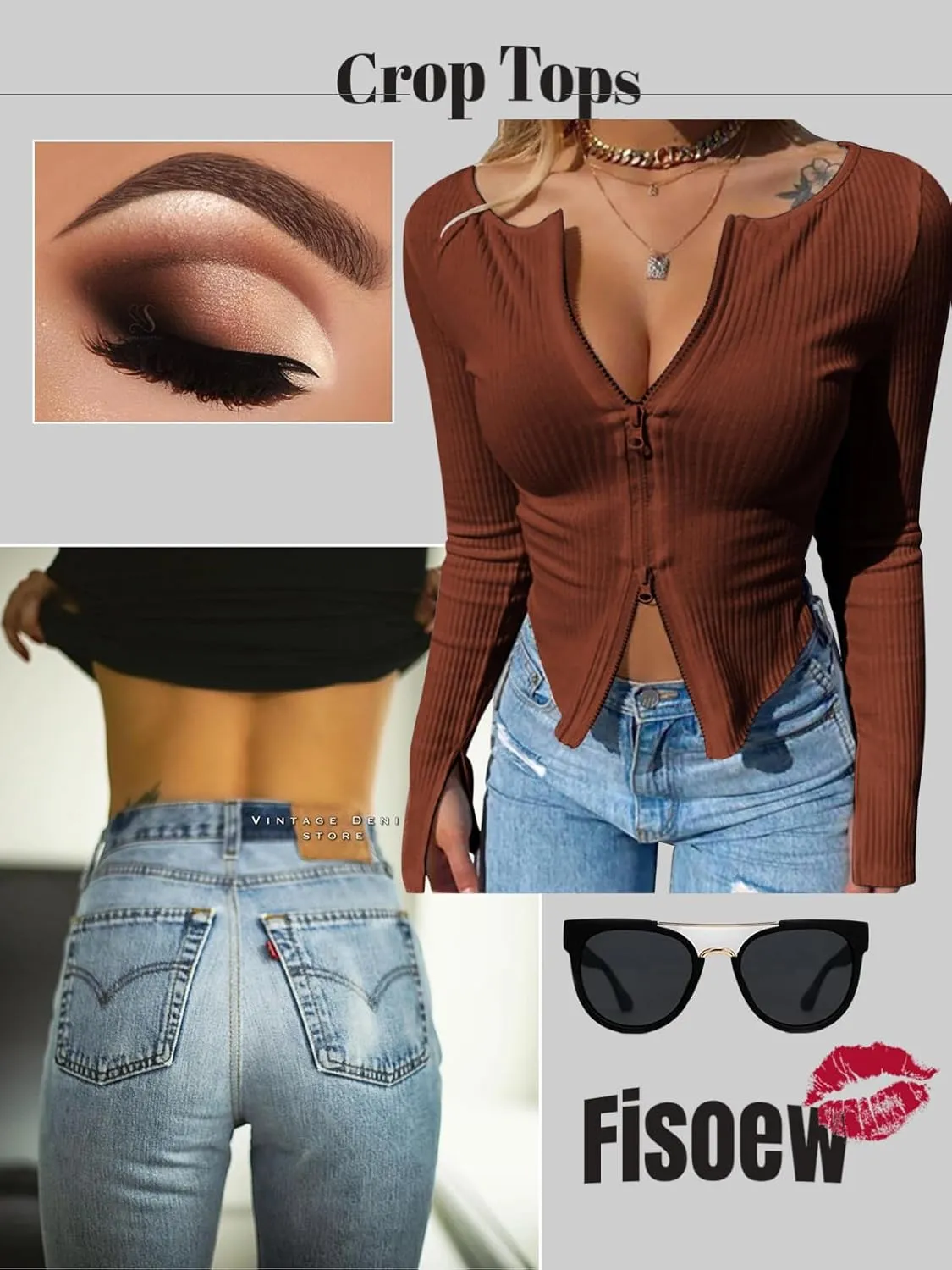 Fisoew Womens Long Sleeve Tops Ribbed Crop Top Double Zip Up Cardigans V Neck Sweater Shirts Fall and Winter 2024