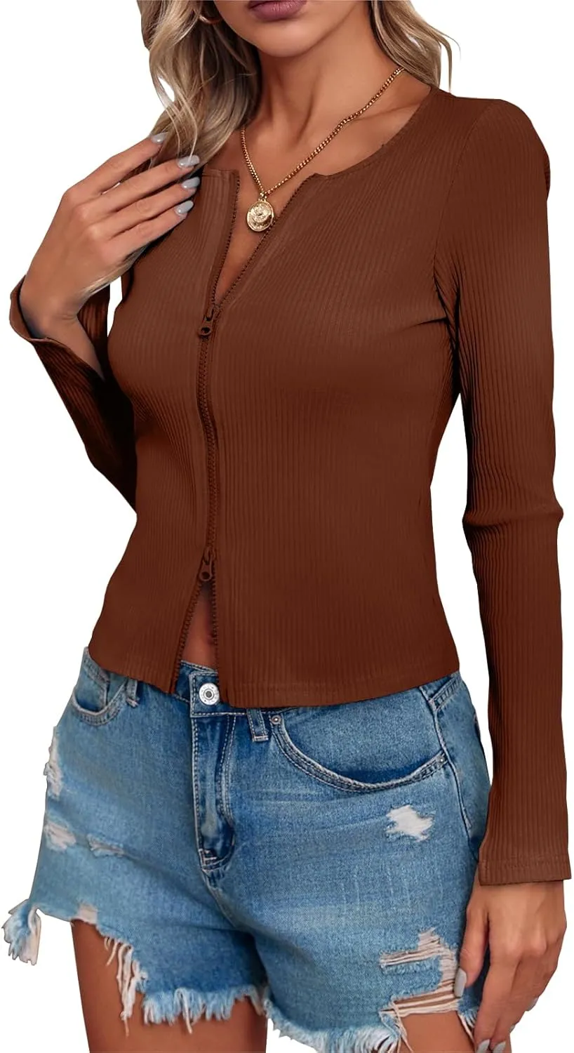 Fisoew Womens Long Sleeve Tops Ribbed Crop Top Double Zip Up Cardigans V Neck Sweater Shirts Fall and Winter 2024