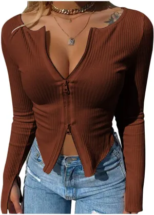 Fisoew Womens Long Sleeve Tops Ribbed Crop Top Double Zip Up Cardigans V Neck Sweater Shirts Fall and Winter 2024