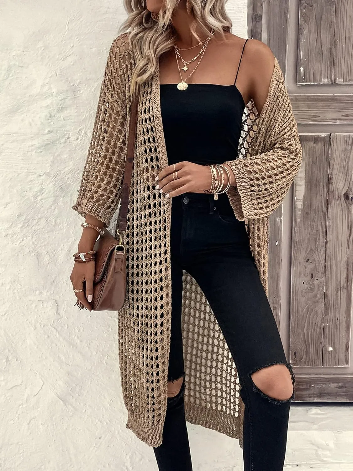Floerns Women's Hollow Out Drop Shoulder 3/4 Sleeve Open Front Cardigan Sweater