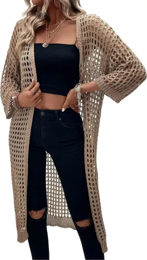Floerns Women's Hollow Out Drop Shoulder 3/4 Sleeve Open Front Cardigan Sweater