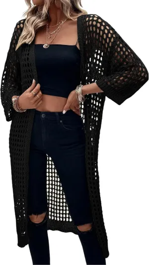 Floerns Women's Hollow Out Drop Shoulder 3/4 Sleeve Open Front Cardigan Sweater