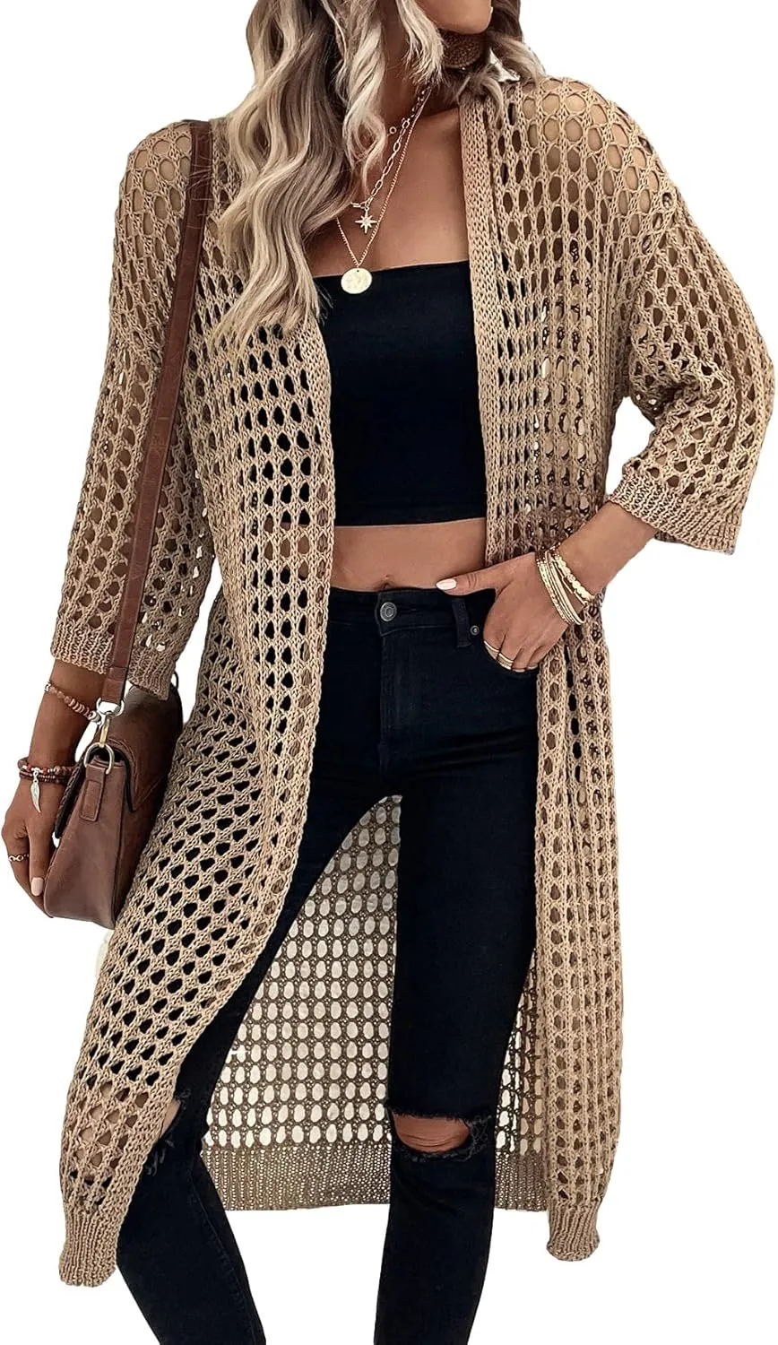 Floerns Women's Hollow Out Drop Shoulder 3/4 Sleeve Open Front Cardigan Sweater