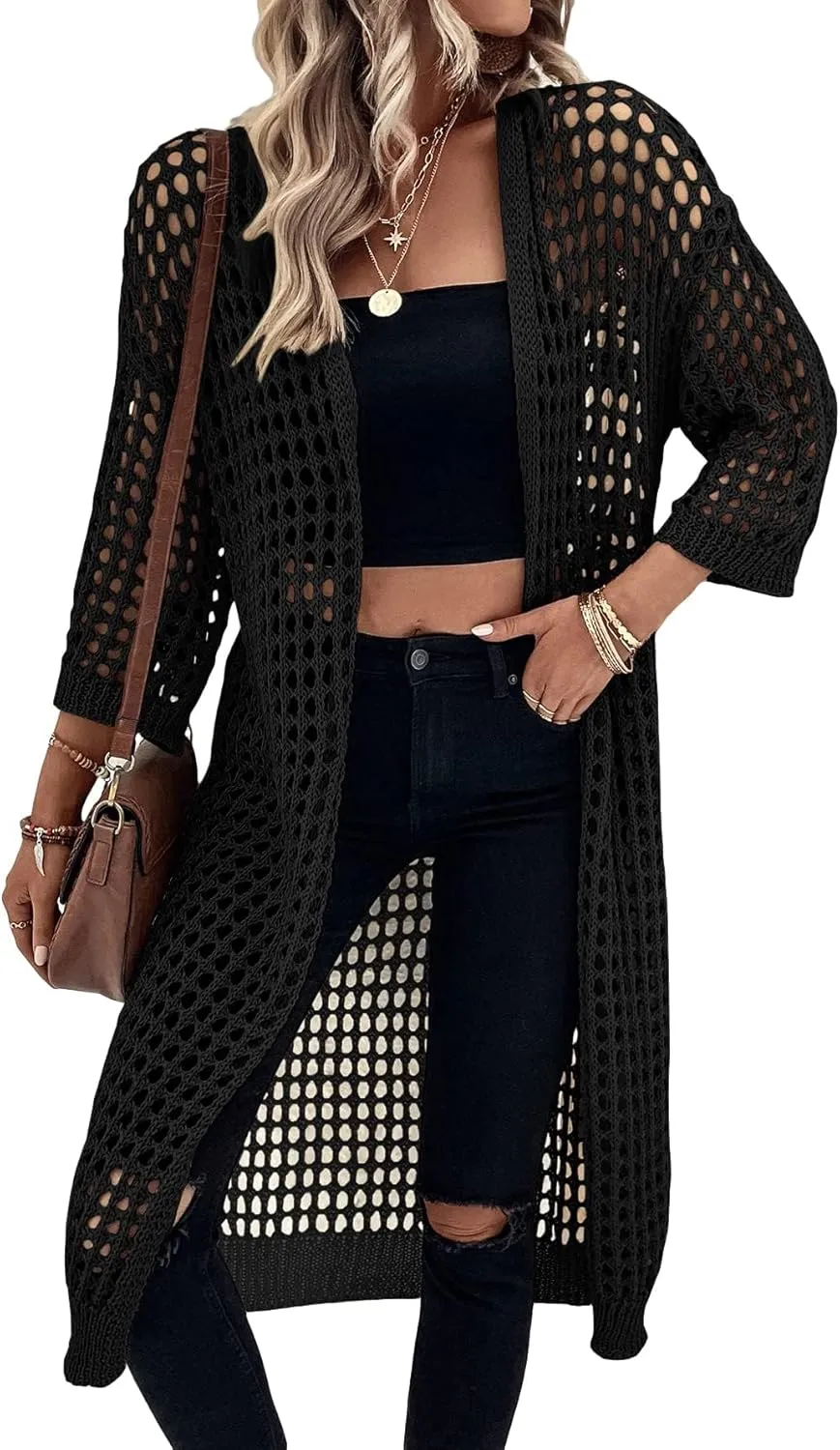 Floerns Women's Hollow Out Drop Shoulder 3/4 Sleeve Open Front Cardigan Sweater