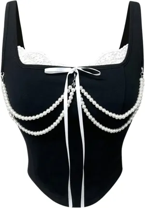 Floerns Women's Y2k Bow Tie Square Neck Camisole Asymmetrical Hem Lace Trim Cami Tops